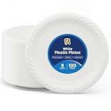 R-kay 100 Pack 9 Inch Plastic Plates Disposable - Heavy Duty 9 Inch White Disposable Plates - Microwavable Disposable Plastic Plates