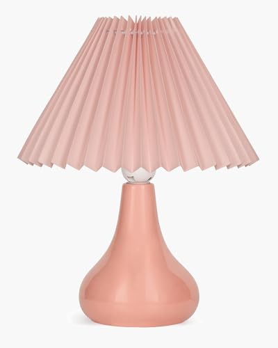 Image of Homesake Modern Small Ceramic Table Lamp, Classic Bedside Desk Lamp for Living Room Bedroom, Farmhouse Home Decor Nightstand Lamps with Fabric Pleated Shade (Pink)