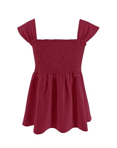 Image of Bingerlily Girls Summer Casual Tops Square Neck T Shirts Cute Smocked Top Tees