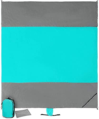 Scuddles Beach Blanket Sandproof, Extra Large Beach Mat, Big & Compact Sand Free Mat Quick Drying, Lightweight & Durable with 6 Stakes (Grey & Blue, 96 X 108)