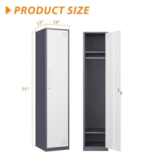 Image of Metal Locker for Home, Dressing Room, 71 inch Steel Storage Lockers for Employees, Lockable Locker Cabinet with 1 Door (Grey White)