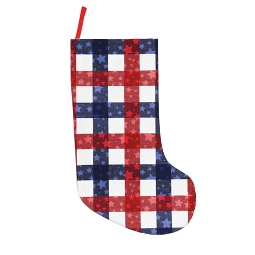 YETTA YANG July 4th Patriotic American Flag Plaid Blue Red White 18 Inches Christmas Stocking Large Stocking Bags Hanging Socks for Christmas Decor Decorations