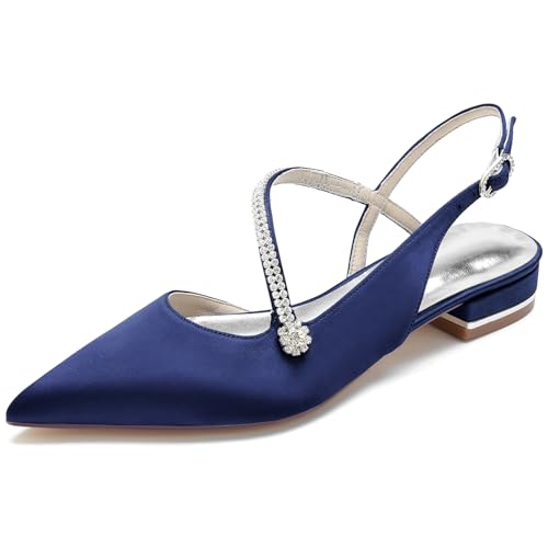 Chaussures de robe demoiselle d'honneur en satin marine, sandales plates mariage strass bout pointu