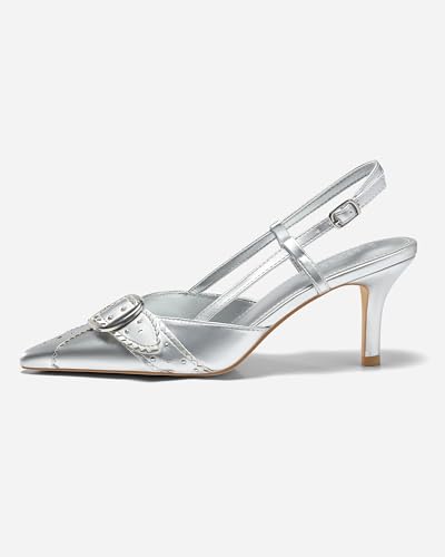 Image of Coutgo Womens Slingback Kitten Heels Studded Closed Pointed Toe Pumps with Buckle Party Dress Shoes