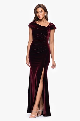 Xscape Women's Velvet Asymmetrical Neck Short Sleeve Floor Length Dress2