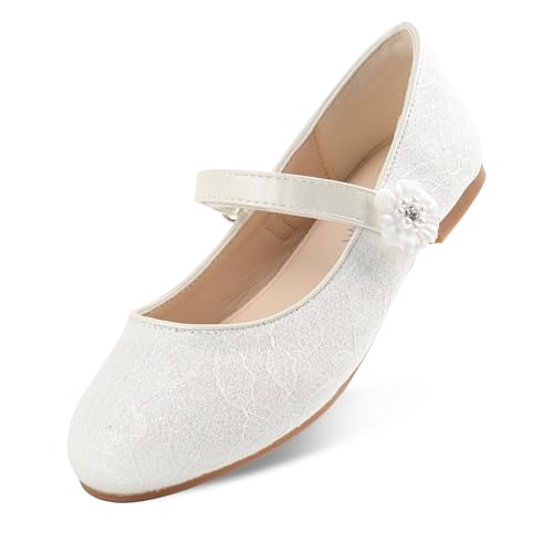 Wulubaba Girls Dress Shoes Mary Jane Flats for Toddler and Little Kid Flower Girl Wedding Party Formal with Strap White 11