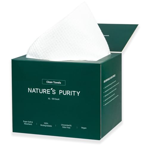 Natural's Purity Clean Towels - Toallas faciales desechables 100% orgánicas a base de plantas para pieles sensibles, súper suaves y biodegradables, 50 unidades, 1 paquete