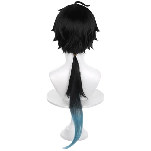 Image of Anime Black Blue Gradient Wig with Bangs Men Long Straight Wig with Ponytail for Women Game Dragon Permansor Cosplay Wig Halloween,Christmas,Comic con,Game Show,Party