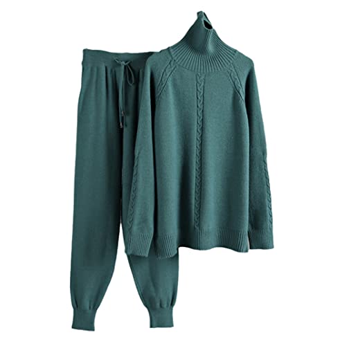Survêtement tricoté col roulé femme ensemble deux pièces élastique et chaud vert