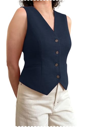 Women's Linen Vest Sleeveless Button Down V Neck Casual Summer Waistcoat