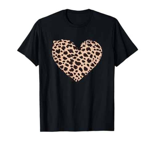 Estampado de animais com estampado de chita e coração de leopardo para meninas t-shirt, Preto, S