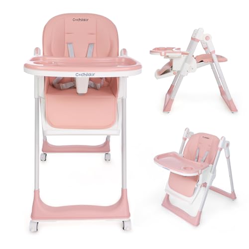 Image of Cochildor 3-in-1 Foldable High Chair for Babies & Toddlers – Adjustable Height, Reclining Seat, 5-Point Safety Harness, Removable Tray, Lockable Wheels, Washable Cushion – Portable & Easy Clean, Pink