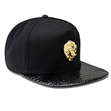 Lion Head Hip Hop Flat Brimmed Hat Men's Baseball Hat with Gold Lion Badge, Metal Badge Street Rap Men's (US, Numeric, 7 3/8, Black)