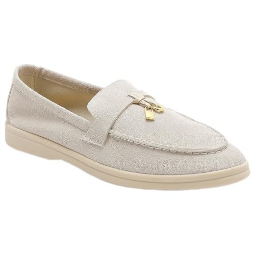 Image of Women's Faux Suede Loafers Fashion Slip On Comfort Flat Shoes Lightweight Breathable Non-Slip Casual Walking Shoes with Metal Buckle for Daily Office Travel Outdoor