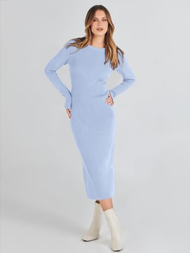 Image of ANRABESS Women Long Sleeve Sweater Dress Crewneck Bodycon Stretch Slim Fit Ribbed Knit Midi Dresses 2025 Fall Trendy Outfits Blue X-Large