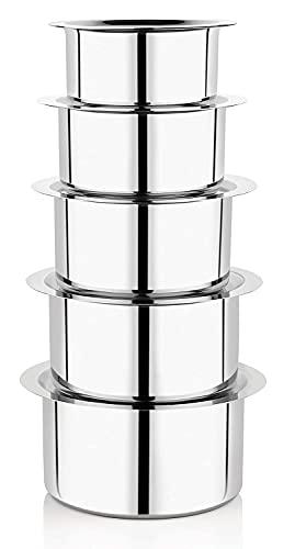Image of Stainless Steel 5 Pcs Patila Set /Tope /Cookware Set with Lids (1 LTR to 3 LTR), 22 Guage Induction & Gas Stove Friendly 10 Pcs Set