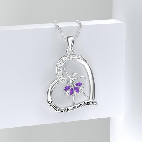 Dance Ballet Necklace for Women 925 Sterling Silver Natural Amethyst Heart Ballerina Dance Pendant Necklace Graduation Gift for Women3