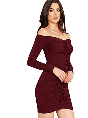 Floerns Women s Off Shoulder Long Sleeve Ruched Bodycon Mini Party Dress Burgundy S