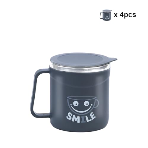 Image of ATTRO Happy Mug Set of 4-Comes with Double Wall Inner Stainless Still & Lid Stylish Cup Ideal for Hot Coffee, Tea - 300ml-Grey