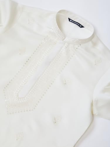 Image of See Designs Men's Long Sleeve Mandarin Collar Side Slit Off-White Embroidered Chanderi Silk Straight Kurta