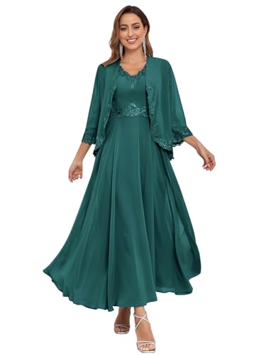 CDSSL Women's Teal Mother of The Bride Dresses for Wedding 2 Pieces Ankle Length Sequin Lace Chiffon Formal Wedding Guest Dress Size 14
