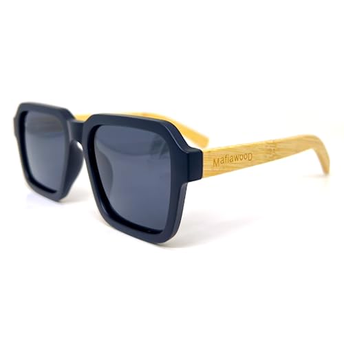 Large square sunglasses with matte black acetate frame and bamboo temples, light and comfortable, with gray polarized lenses, Mondelo Napa Black MafiawooD4