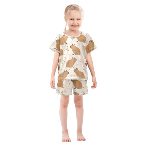 ALAZA Capybara Floral Cute Stylish Pajamas Short Sleeve 2 Piece Sleepwear Top and Bottom Pajama Set Unisex3