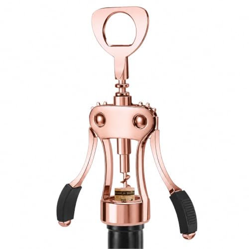 Image of KORCCI Wine Opener, Heavy-Duty Zinc Alloy Wing Corkscrew, Premium Beer Bottle Opener, Multifunctional Wine Accessories with Ergonomic Handle and Sharp Screw, for Kitchen, Bar, Restaurant (Rose Gold)