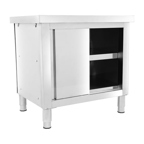 banborba Stainless Steel Work Table with Cabinet, Heavy Duty Food Prep Worktable with 2 Sliding Doors, Commercial Kitchen Workbench with Adjustable Feet, Storage Cabinet for Kitchen Restaurant Garage
