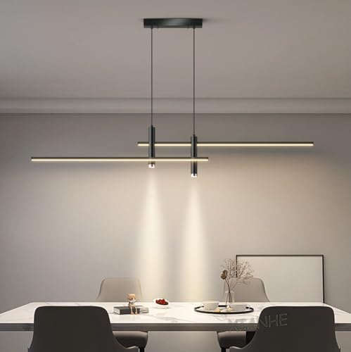 Lámpara colgante LED lineal Moderna Isla de Cocina Sala de estar Lámpara de techo Negro Regulables con Control Remoto Luces 55W Altura ajustable para Comedor Mesa Lámparas de Oficina (A, L90cm)