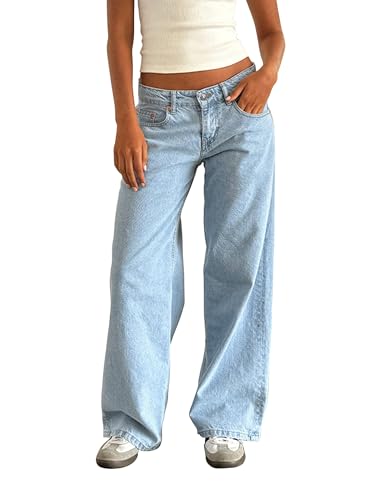 Y2K Damen Baggy-Jeans, niedrige Taille, lockeres gerades Bein, Denim-Hose mit Taschen, E-Girl, Boyfriends-Hose, Streetwear, B-light blue, S