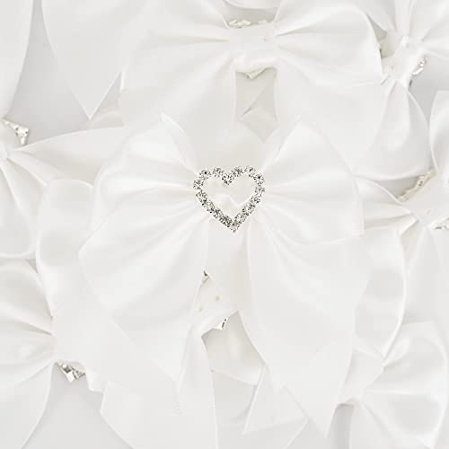 Aimudi White Bows Satin Ribbon Rhinestone Bows 3" Premade Sparkle Bows With Gems Pre-Tied Craft Bows With Rhinestone Gift Bows For Wedding Sewing Crafts Gift Wrapping Baby Shower - 12 Counts #TOP7