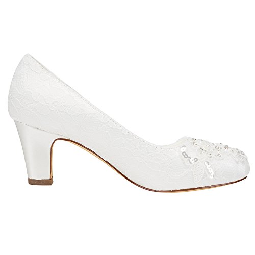 Emily Bridal Wedding Shoes Women's Satin Chunky Heel Closed Toe with Sequin Stitching Lace3