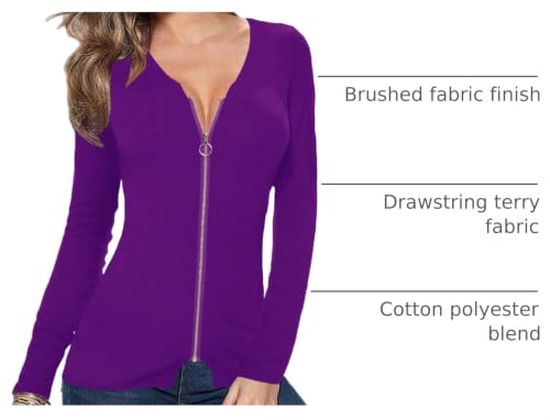 Image of Afibi Women V Neck Zip Front Long Sleeve Casual Top Blouse Shirt /Cardigan