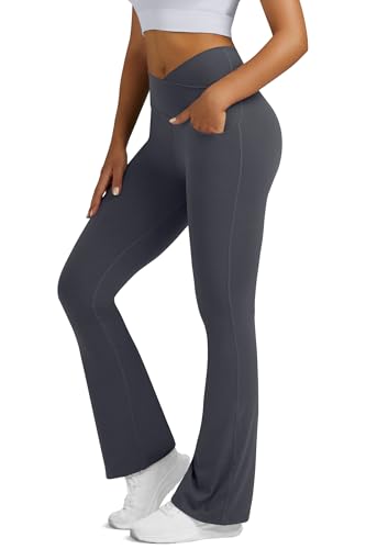 Boerfmian Flare Leggings for Women Yoga Pants with Pockets High Waisted Crossover Flare Leggings Bootcut Casual Yoga Pants Grey