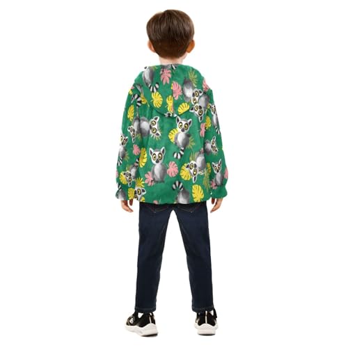 Lemur with Tropical Leaves Toddler Fleece Jacket Girl Boys Hooded Fleece Jacket Coat Warm Outwear Zip-up 3-10T4