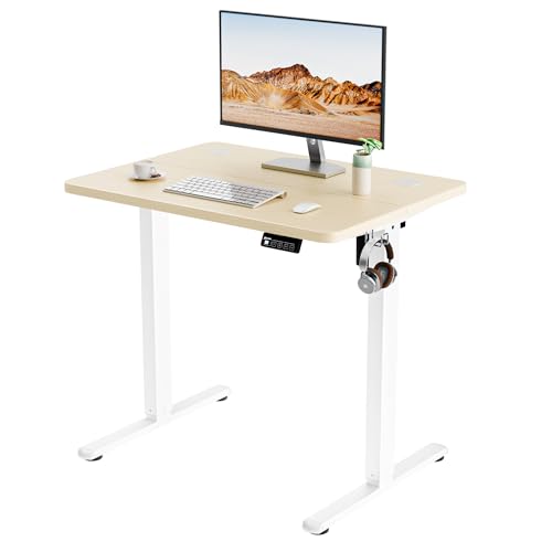 Image of ERGOMAKER Electric Standing Desk 80x60cm (31 inchx23.6 inch), Height Adjustable Sit Stand Desk with Splice Board for Home Office, Computer Desk Memory Preset (White Frame + Golden Oak Desktop)