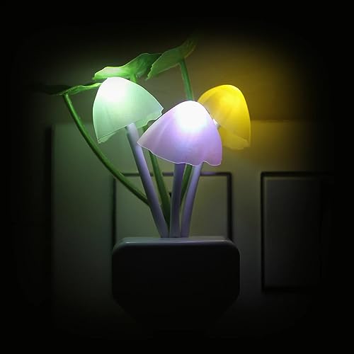 Image of ComSaf Plug in Wall Led Mushroom Night Light Lamp with Dusk to Dawn Sensor,Auto On /Off Cute Color Changing Bed Nightlight Led Wall Light - Dim Night Light for Bedroom [Pack of 1] - Plastic,Multicolor