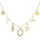QILMILY Collar con dije de inicial para mujer, collar bohemio con letra de conchas marinas, chapado en oro de 14 quilates, collar de playa de concha de verano para mujer, estrella de mar, surfista