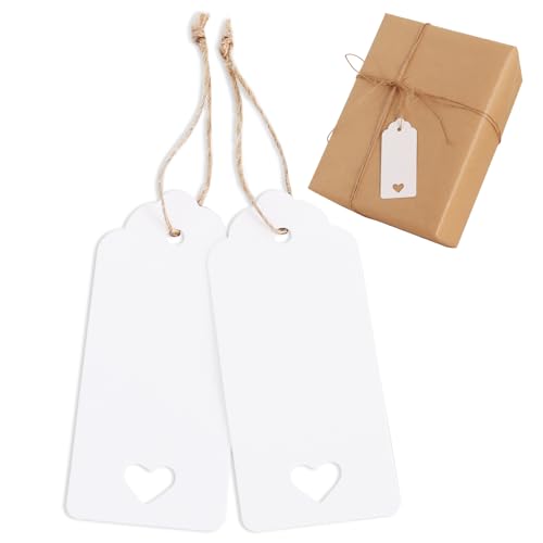 BEISHIDA 100pcs Blank Gift Tags Hollow Heart White Kraft Paper Tags with String for Mothers Day Valentines Day Birthday Wedding Baby Shower Favors DIY Craft Gift Packing Business-1.6 X 3.6in