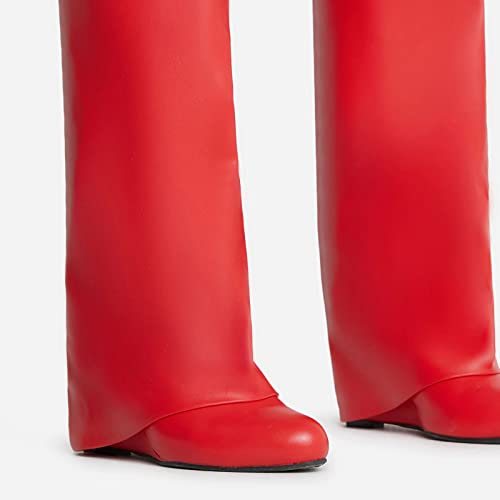 Yishaweiqi Fold Over Boots Wide-calf Wedge Heel Knee High Boot With Decorative Silver Lock Red Size 9.52