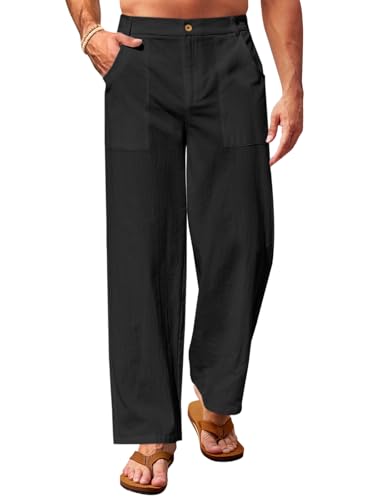 Runcati Mens Casual Cotton Pants Loose Fit Lightweight Elastic Waist Pants Baggy Wide Leg Summer Beach Yoga Linen Trousers