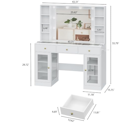 Image of HUANLEGO White Vanity Desk with Mirror and Lights, Glass Top Vanity with Lighted Mirror & RGB Glass Cabinet and 3 Drawers, Makeup Vanity Desk with Lights Dressing Table for Bedroom, 3 Color Modes