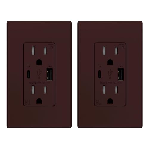 ELEGRP USB Charger Wall Outlet USB A & C Ports 15 Amp Duplex Tamper Resistant Receptacle Plug NEMA 5-15R Wall Plate Included UL Listed 2 Pack Matte Brown