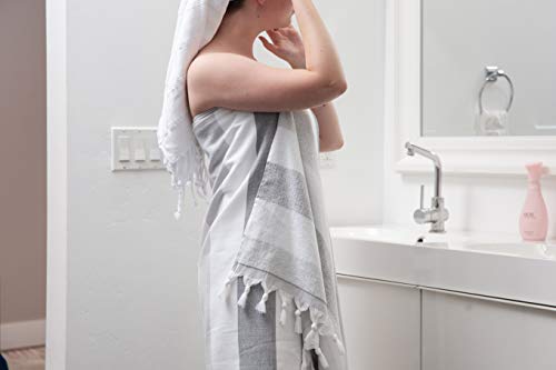Infusezen Soft Terryback Large Turkish Towel, Striped Terry Backed Peshtemal Bath Towel, Gym And Beach Towel, Thin Oversized Hammam Towel, Plus Size Fouta (Grey) #TOP4
