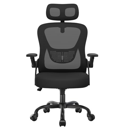 rattantree Bürostuhl Ergonomisch, Schreibtischstuhl mit Hochklappbaren Armlehnen, Kopfstütze und Rückenlehne, Kleiner Drehstuhl mit Wippfunktion bis 115°, Bürostuhl mit Netzbezug, Schwarzer