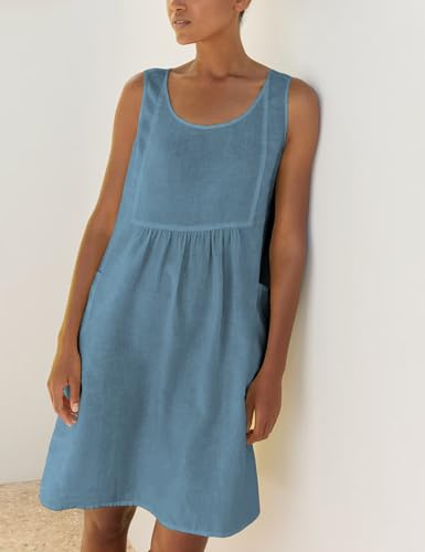 Image of Watashi Women Summer Sleeveless Dress Casual Cotton Linen Sundress Midi Tunic Tank Beach Dress with Pockets(Bluegrey-M)