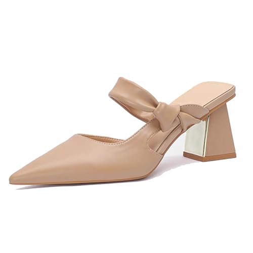 Women Leather Chunky Heel Mules With Knotted Strappy Fashion Slip On Closed Pointed Toe High Heel Backless Pumps for Dressy Party Casual Daily Breathable Slide Sandals