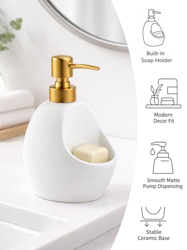 Image of Ceramic Soap Dispenser with Sponge Holder - White Refillable Dish Soap Dispenser for Kitchen Sink, 2-in-1 Sink Organizer with Pump Bottle & Tray - Modern Farmhouse Countertop Accessory