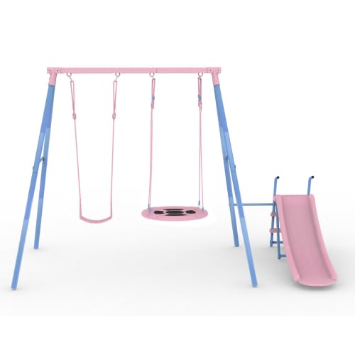 Tour de jeux d'extérieur avec toboggan et balançoire, kit de balançoire nid d'oiseau et balançoire d'assise, portique d'escalade à partir de 3 ans,...